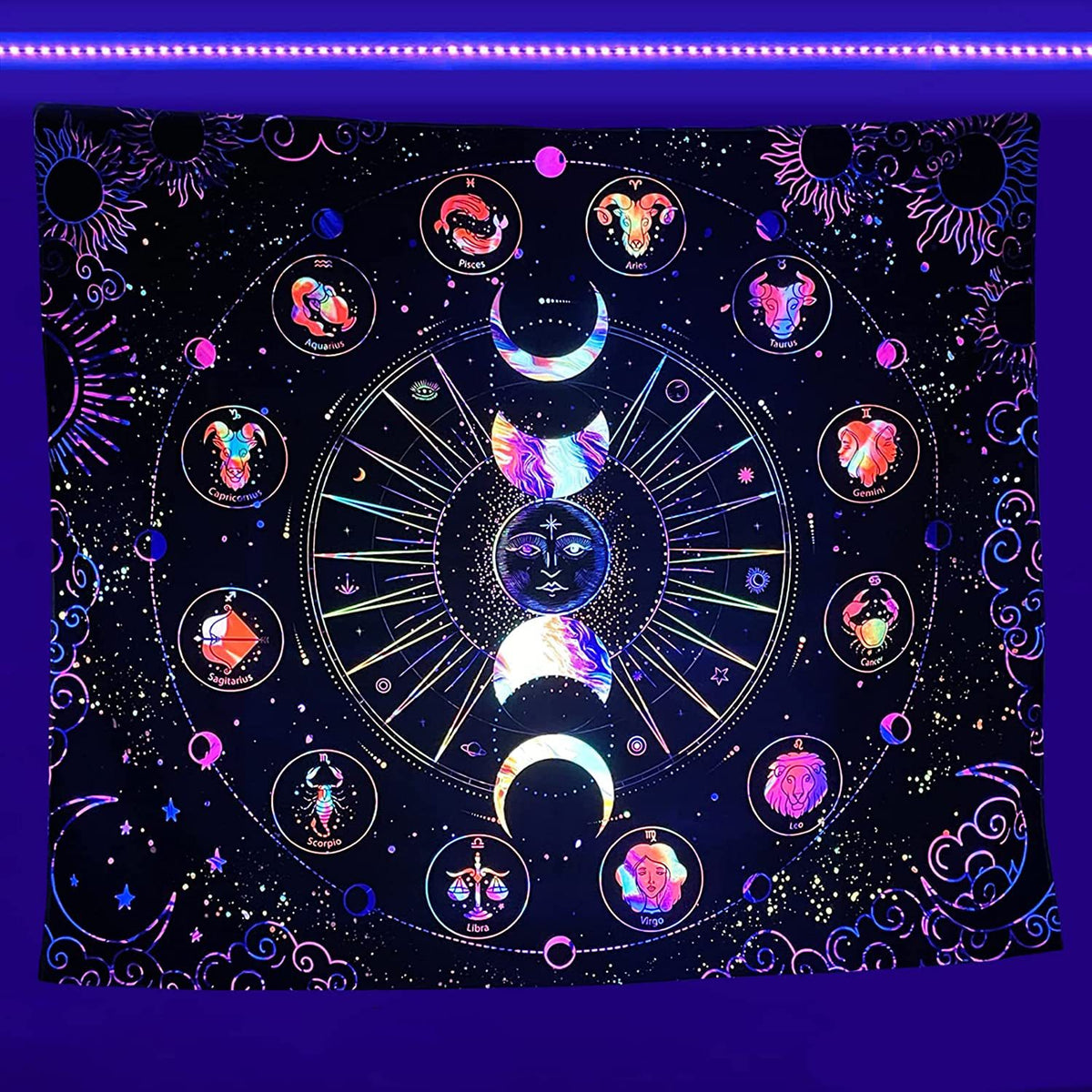 UV Glow Zodiac Skull Tapestry for Bedroom Decor