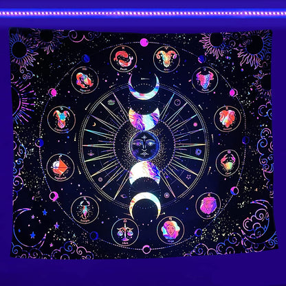 UV Glow Zodiac Skull Tapestry for Bedroom Decor