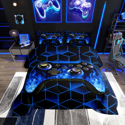 Blue Game Console Comforter Set for Boys Gamer GiftsNeon Geometry Gamer Bedding Set3D Geometric Boys Comforter Set Flame Gaming Consoles Gamer Decor for Boys Bedroom Decor