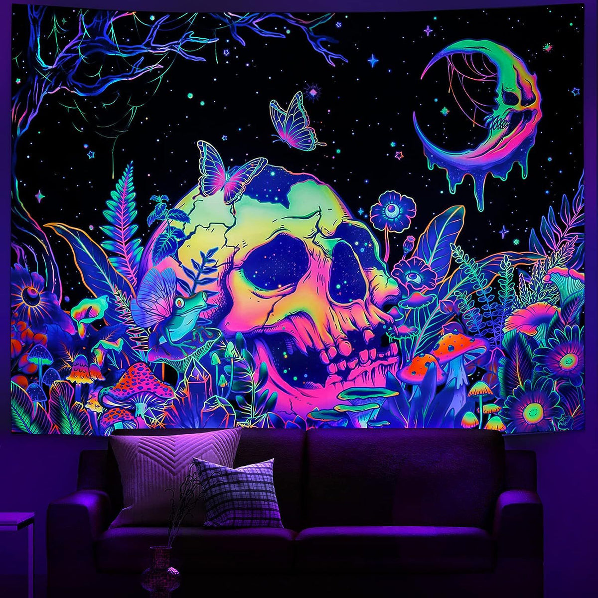 UV Glow Zodiac Skull Tapestry for Bedroom Decor